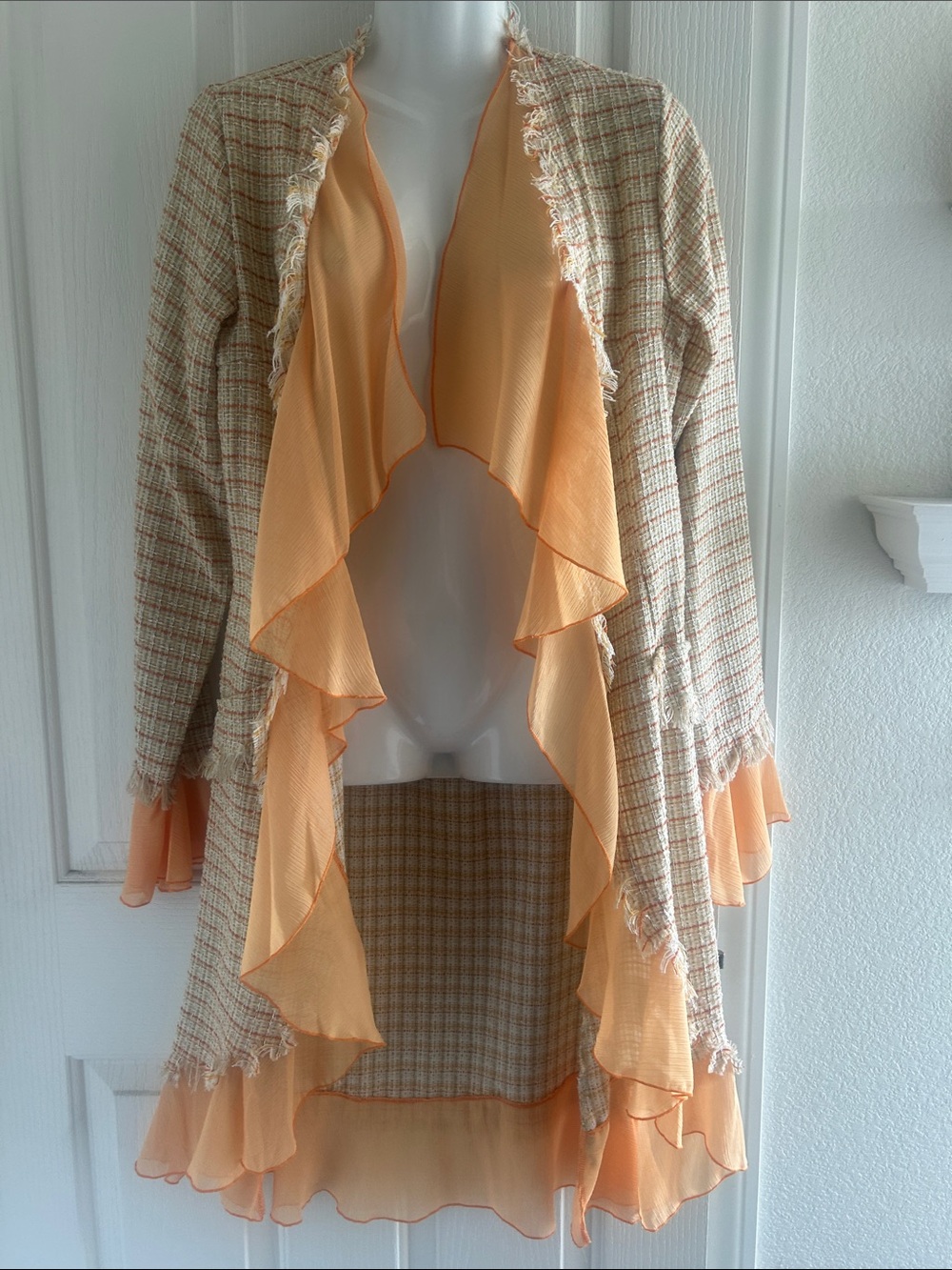 Womens Peach Ruffle Tweed Jacket & Coat